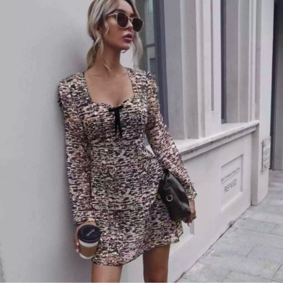 Zara Animal Print Milkmaid Dress with Velvet Bow - Size M - Picture 6 of 14